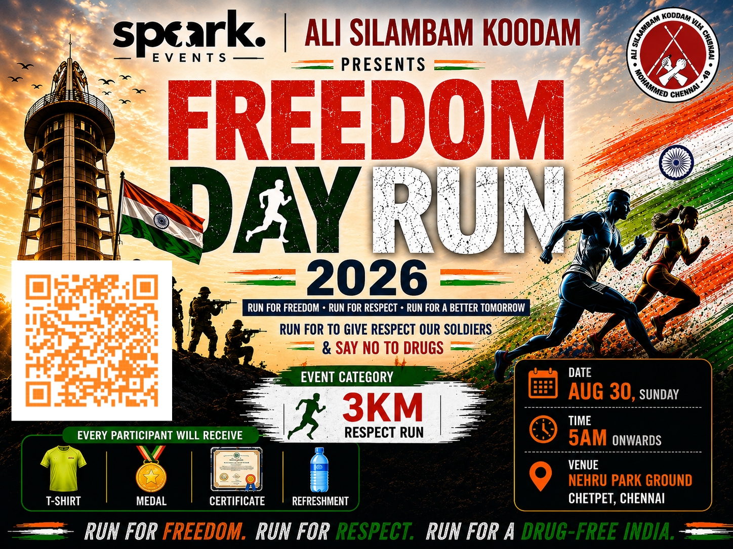 FREEDOM DAY RUN 2026 , Run for the Soldiers &amp; Drugs Free India aug 30th 5am to 6 am